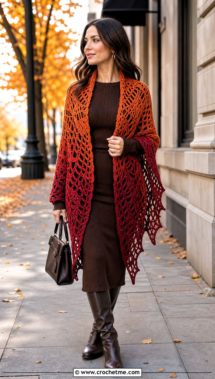 Ombre Crochet Spiderweb Shawl With Knit Dress - 30 Crochet Spiderweb Shawl outfit ideas