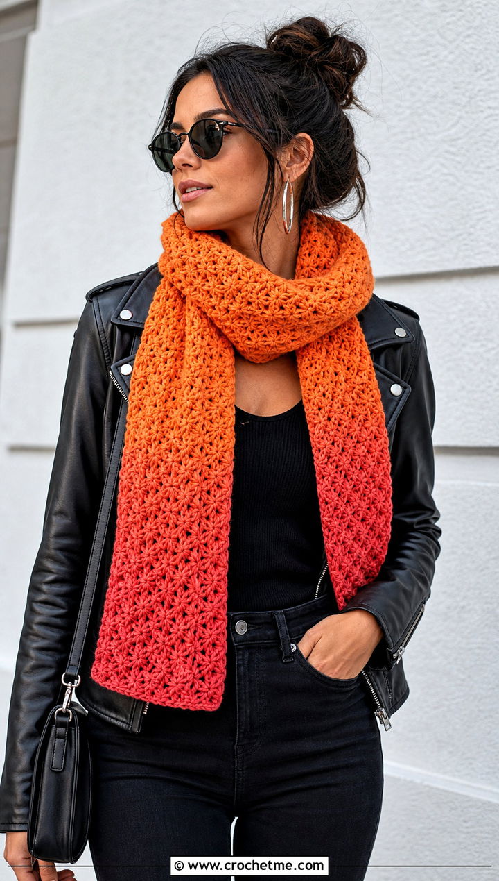 Ombre Crochet Star Stitch Scarf With Leather Jacket And Black Jeans - 25 Crochet Star Stitch Scarf outfit ideas