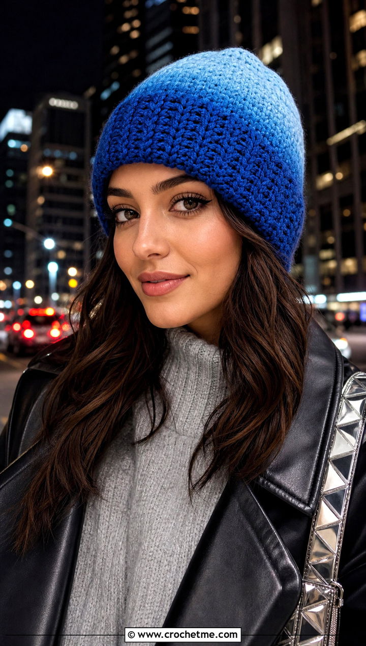 Ombre Crochet Stocking Cap With Faux Leather Pants - 30 crochet stocking cap outfit ideas