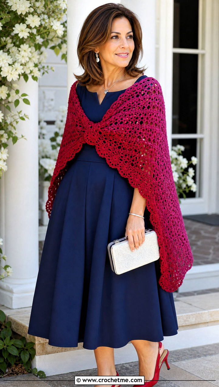 Ombre Crochet Stole Scarf With Midi Dress - 25 Ombre Crochet Scarf outfit ideas
