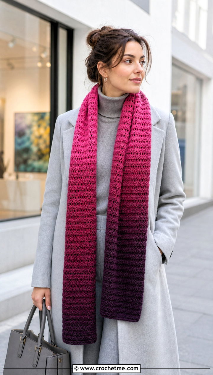 Ombre Crochet Striped Scarf With Monochrome Outfit - 25 crochet striped scarf outfit ideas