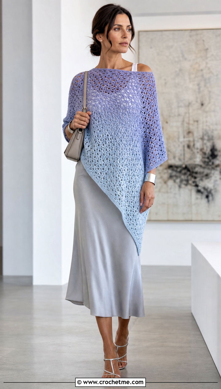 Ombre Crochet Summer Poncho With Bias Cut Skirt - 35 crochet summer poncho outfit ideas