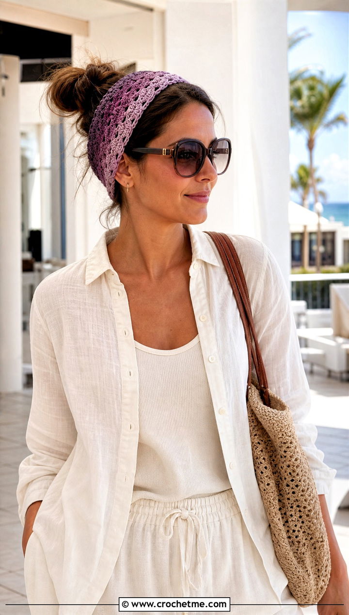 Ombre Crochet Summer Scarf With Monochrome Linen Set - 30 crochet summer scarf outfit ideas