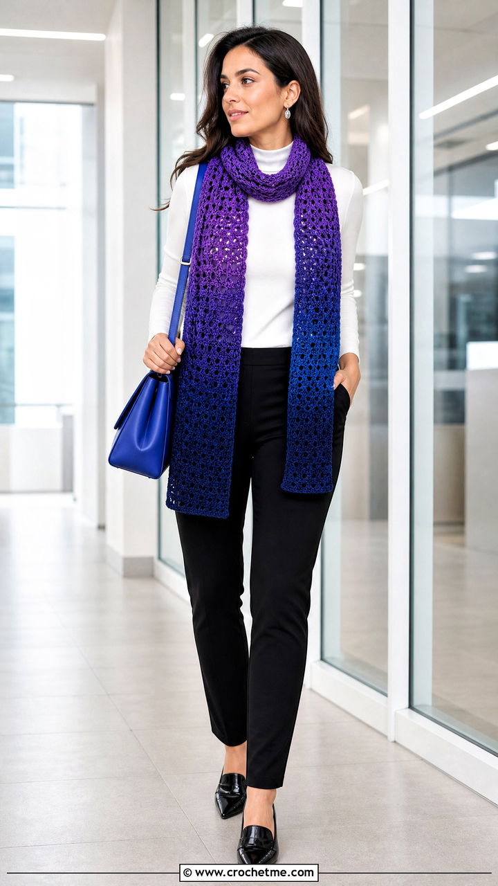 Ombre Crochet Sweater Scarf With Ponte Pants - 35 crochet sweater scarf outfit ideas