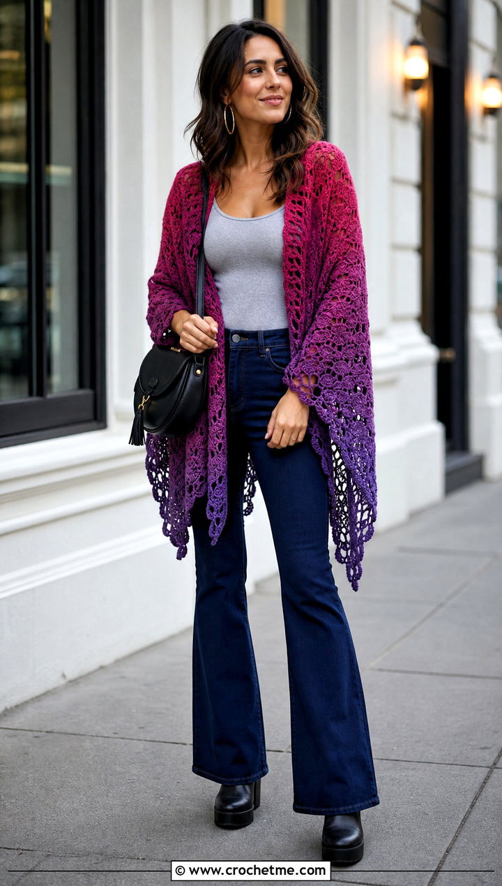 Ombre Crochet Sweater Shawl With Flared Jeans - 25 crochet sweater shawl outfit ideas