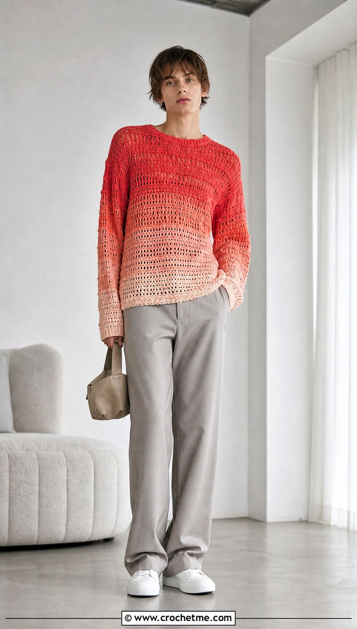 Ombre Crochet Sweater With Monochrome Basics - 25 unisex crochet sweater outfit ideas