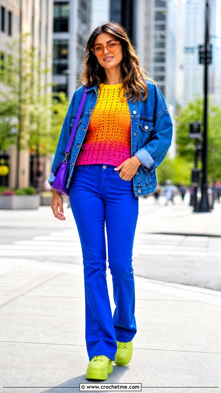Ombre Crochet Sweater With Monochrome Denim - 35 crochet sweater design outfit ideas