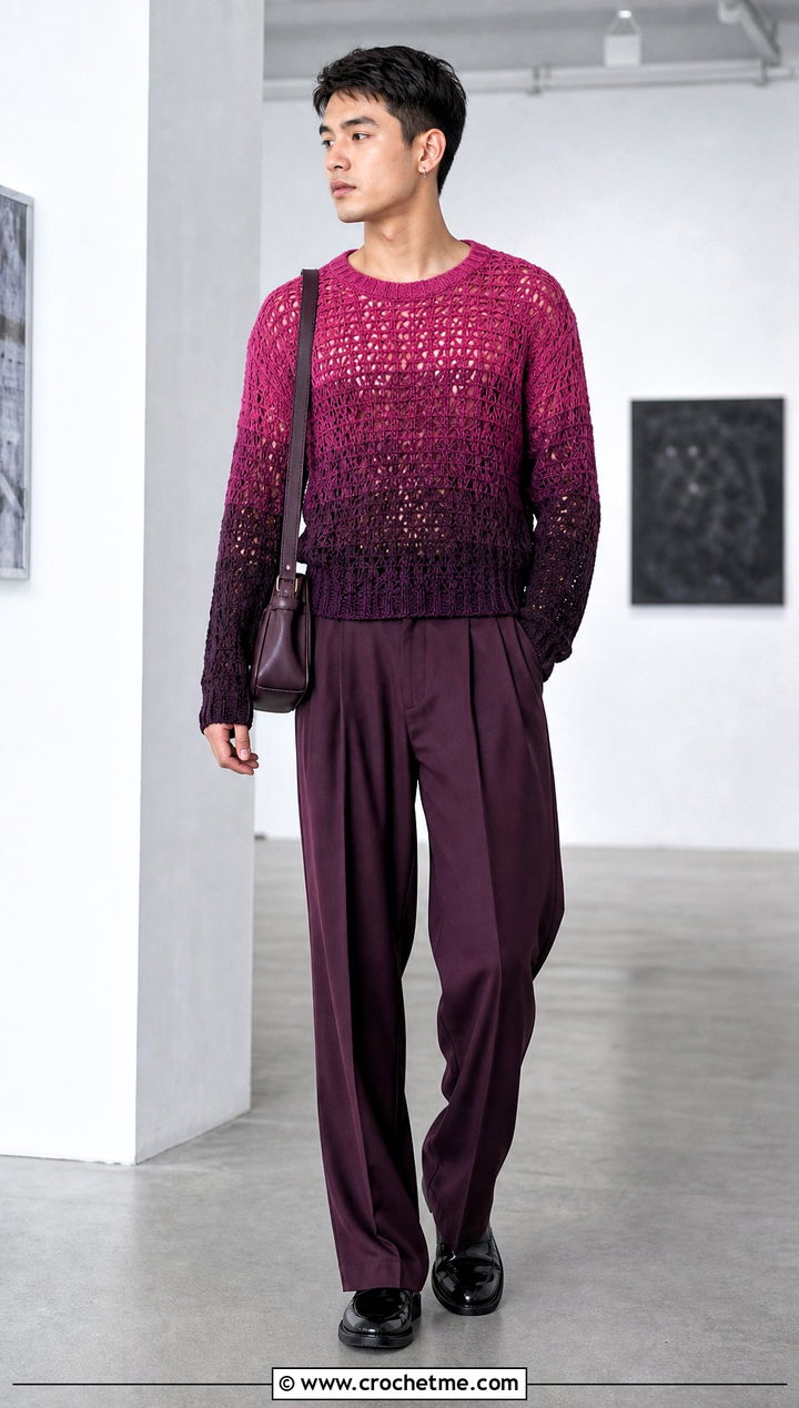 Ombre Crochet Sweater With Monochrome Trousers - 30 men's crochet sweater outfit ideas