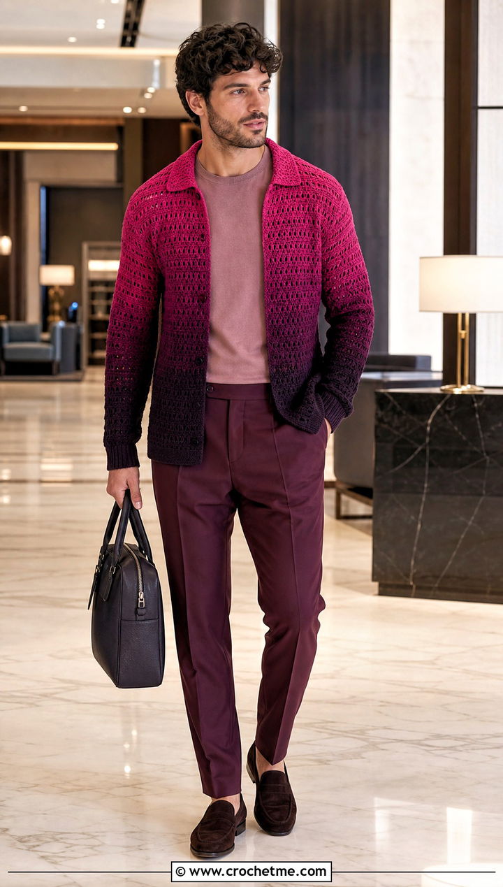 Ombre Crochet Sweater With Tonal Trousers - 35 men's crochet sweater ideas