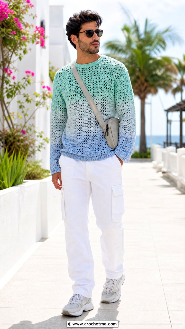 Ombre Crochet Sweater With White Cargo Pants - 35 crochet sweater for men outfit ideas