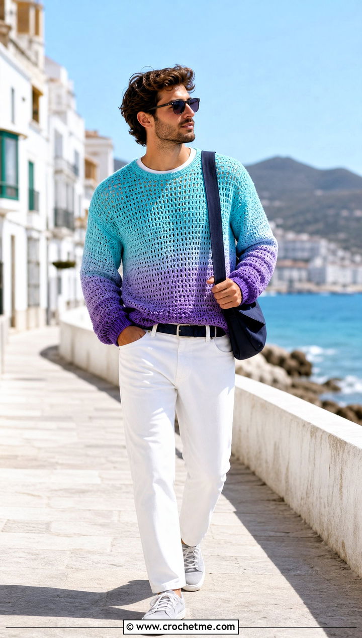 Ombre Crochet Sweater With White Jeans - 35 crochet man sweaters outfit ideas