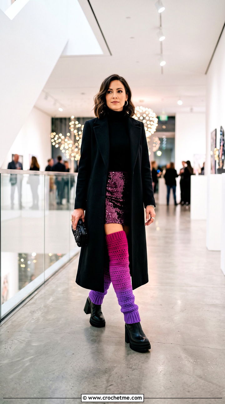 Ombre Crochet Thigh High Leg Warmers With Sequin Mini Skirt - 25 Crochet Thigh High Leg Warmers outfit ideas