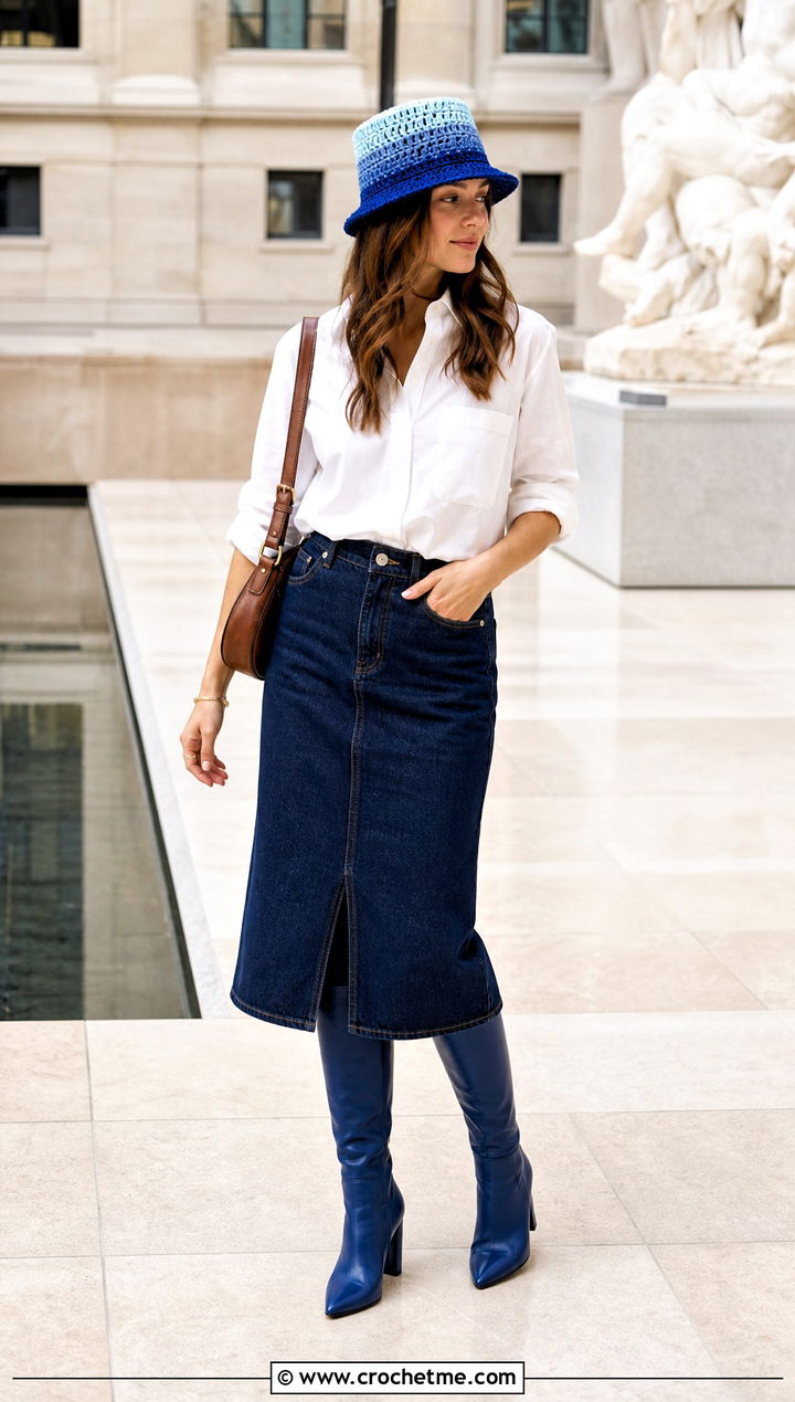 Ombre Crochet Top Hat With Denim Midi Skirt - 35 crochet top hat outfit ideas