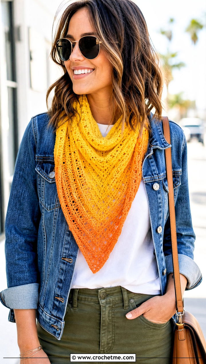 Ombre Crochet Triangle Scarf With Denim Jacket - 25 Ombre Crochet Scarf outfit ideas