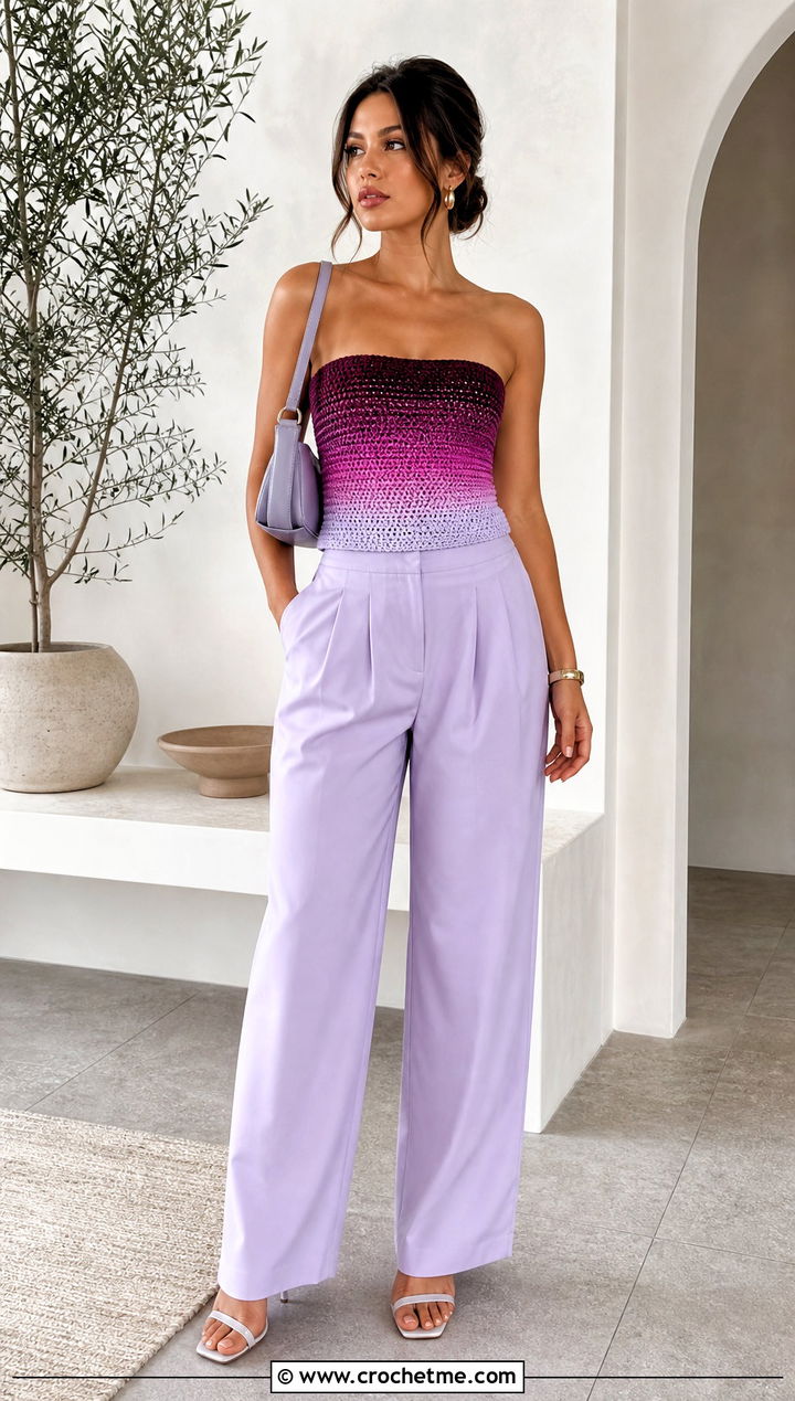 Ombre Crochet Tube Top With Pleated Trousers - 35 strapless crochet top outfit ideas