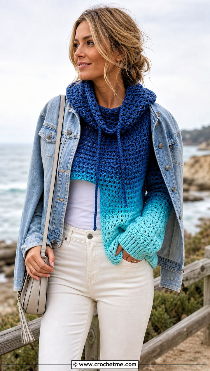 Ombre Crochet Turtle Neck Hoodie With White Denim - 30 crochet turtle neck hoodie outfit ideas