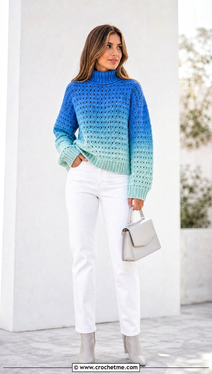 Ombre Crochet Turtle Neck Sweater With White Jeans - 35 crochet turtle neck sweater outfit ideas