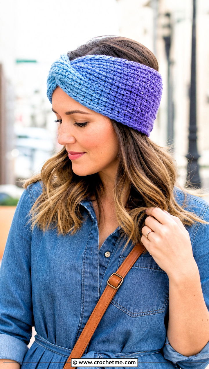 Ombre Crochet Twist Headband With Denim Shirt Dress - 30 crochet twist headband outfit ideas