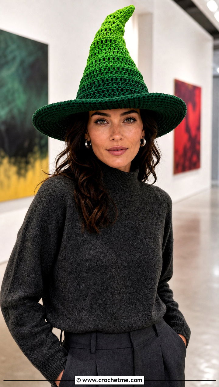 Ombre Crochet Twisted Witch Hat With Monochrome Outfit - 25 crochet twisted witch hat outfit ideas