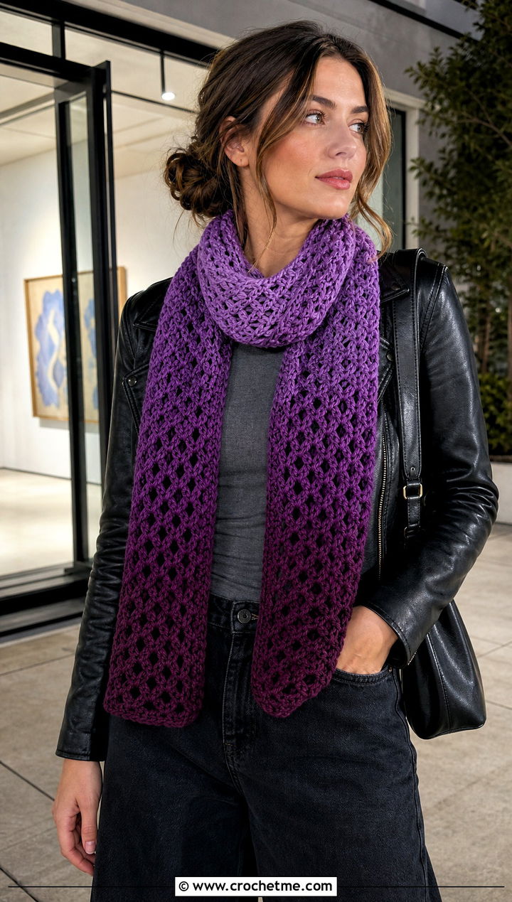 Ombre Crochet V Stitch Scarf With Leather Jacket - 30 crochet v stitch scarf outfit ideas