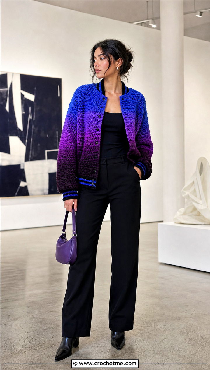 Ombre Crochet Varsity Jacket With Black Column Outfit - 35 crochet varsity jacket outfit ideas