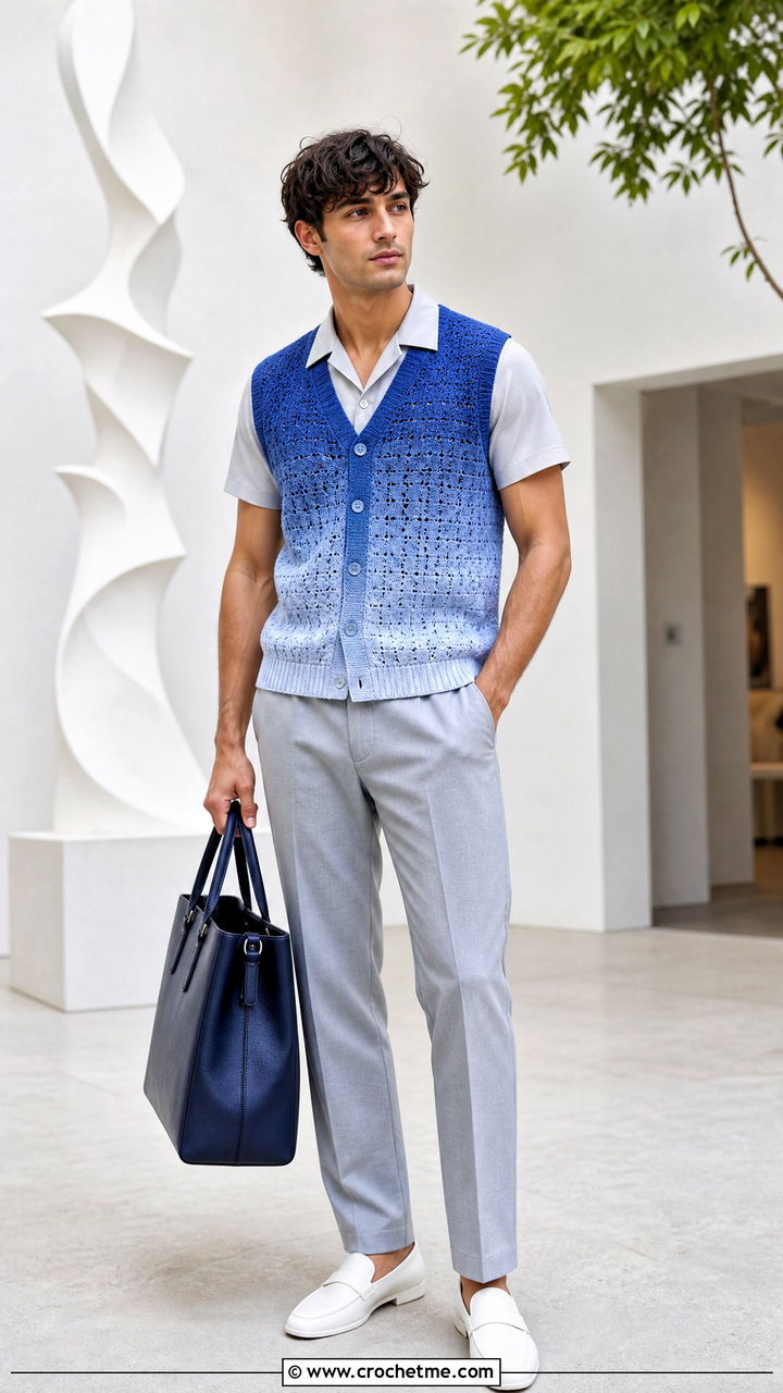 Ombre Crochet Vest With Monochrome Shirt And Pants - 35 crochet vest for men outfit ideas