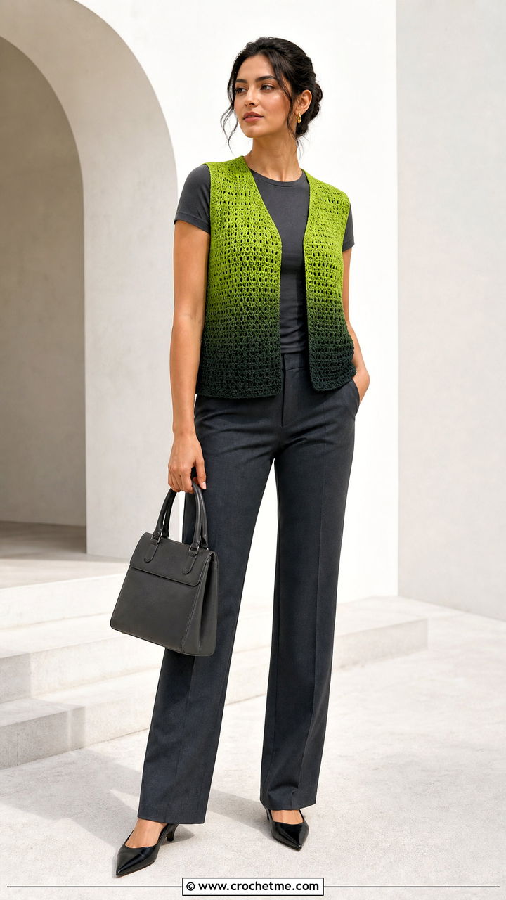 Ombre Crochet Waistcoat With Monochrome Basics - 35 crochet waistcoat outfit ideas