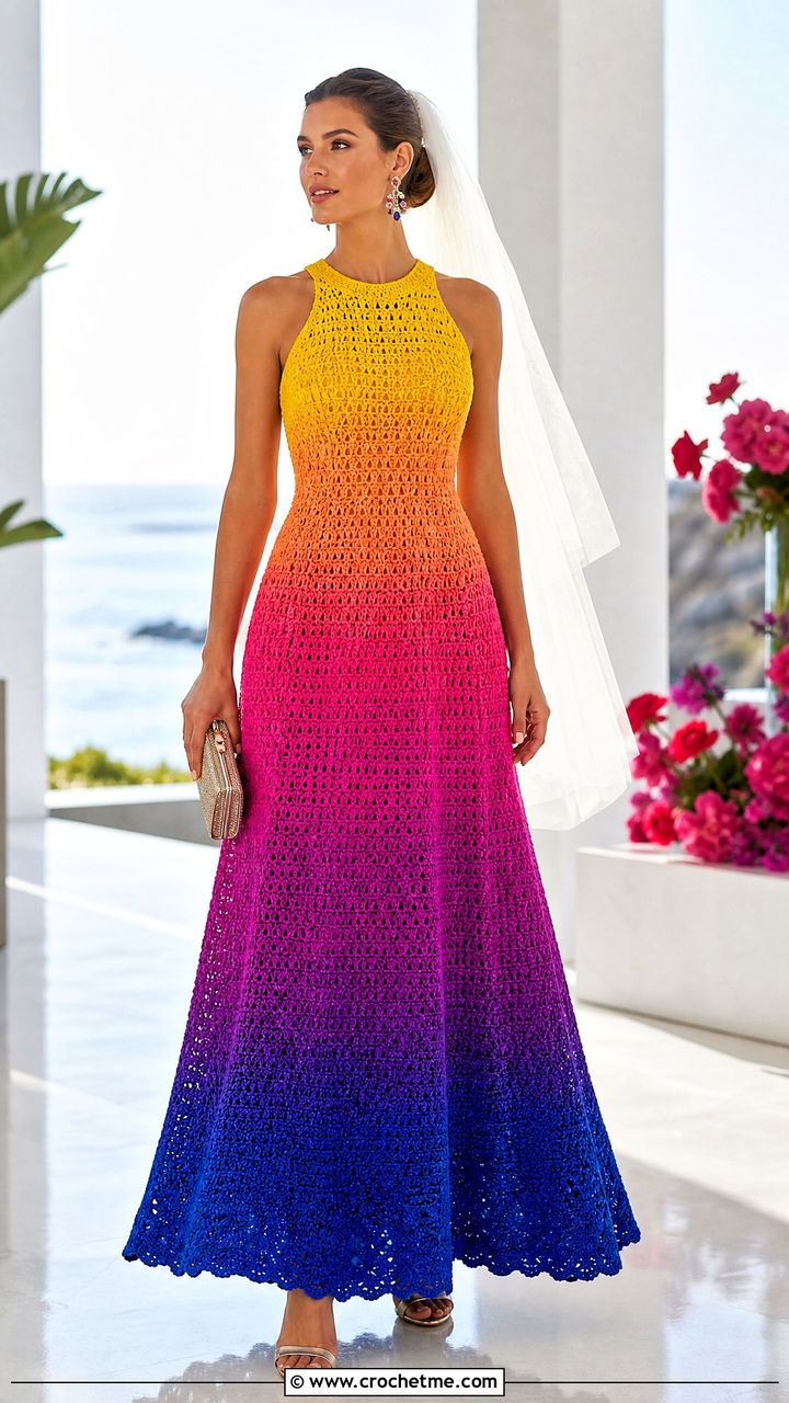 Ombre Crochet Wedding Dress With Metallic Accessories - 35 crochet wedding dresses outfit ideas