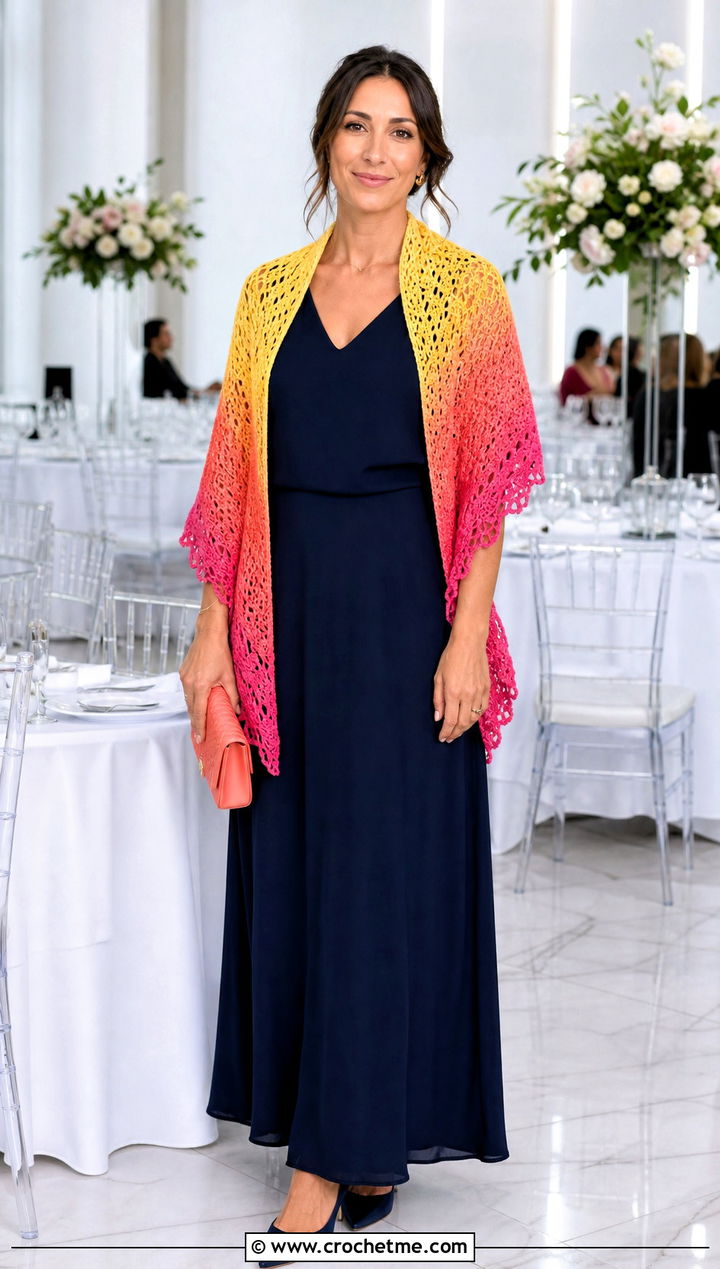 Ombre Crochet Wedding Shawl With Monochrome Dress - 35 crochet wedding shawl outfit ideas