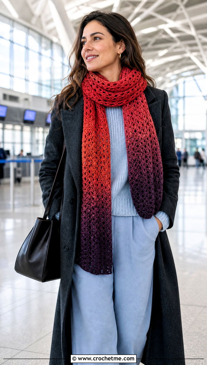 Ombre Crochet Winter Scarf With Matching Knit Set - 35 crochet winter scarf outfit ideas