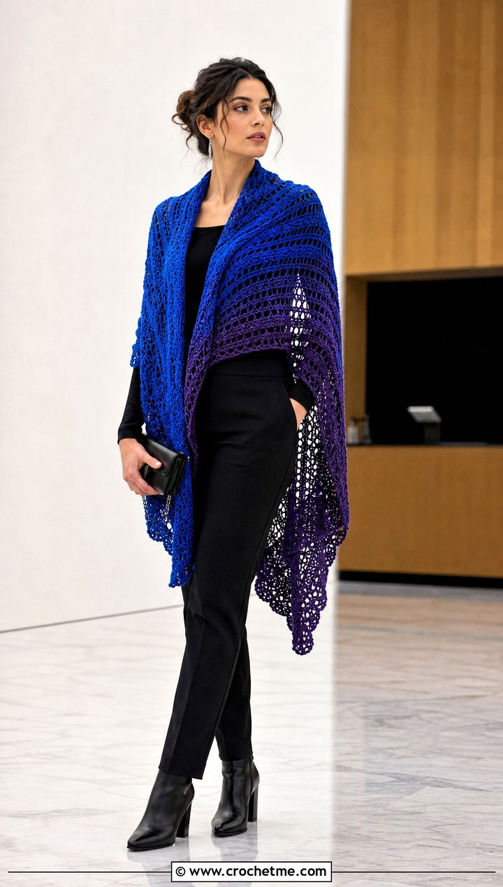 Ombre Crochet Wrap Shawl With Black Separates - 35 crochet wrap shawl outfit ideas