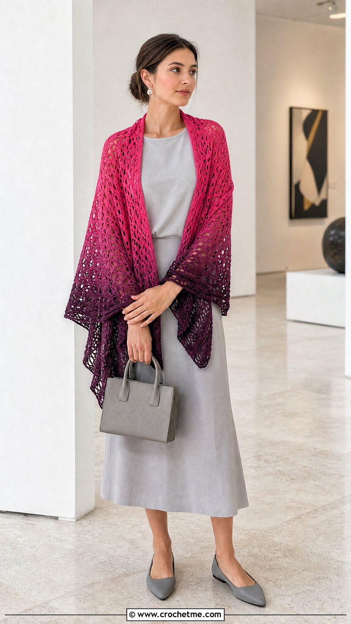 Ombre Crochet Wrap With Minimalist Separates - 35 Crocheted Shawls And Wraps outfit ideas