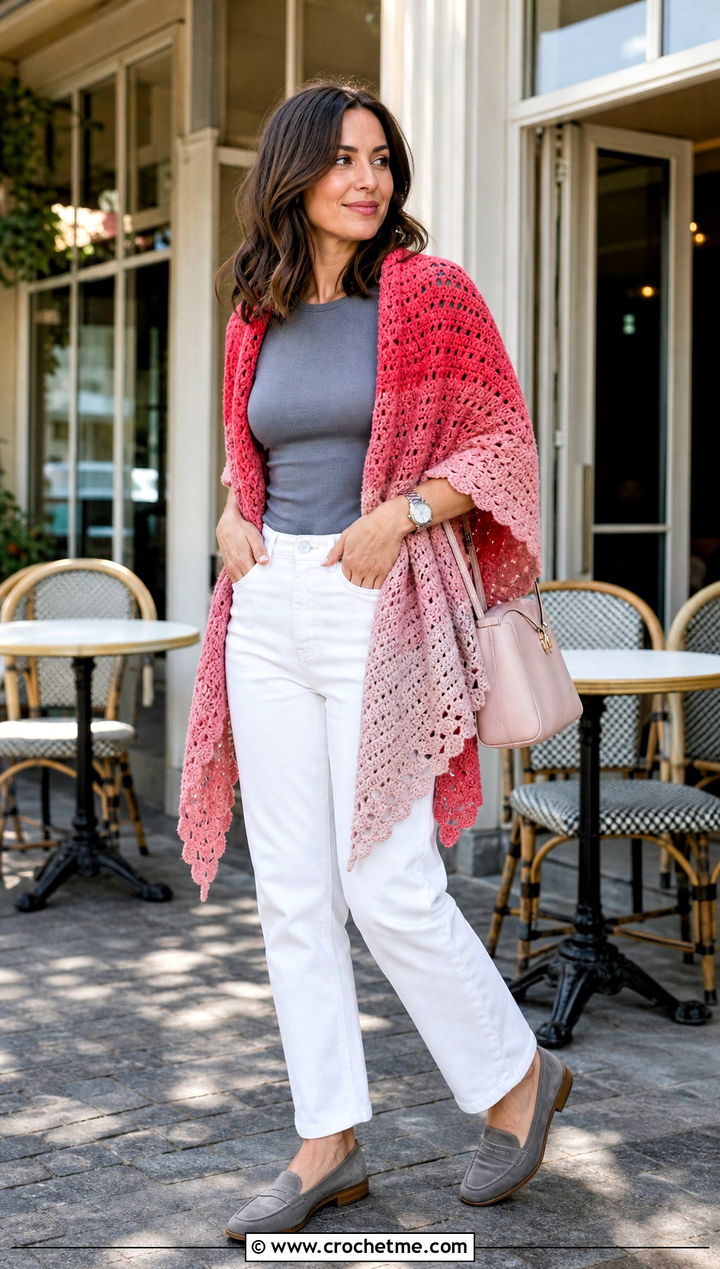 Ombre Crochet Wrap With White Jeans - 30 crochet summer wrap outfit ideas