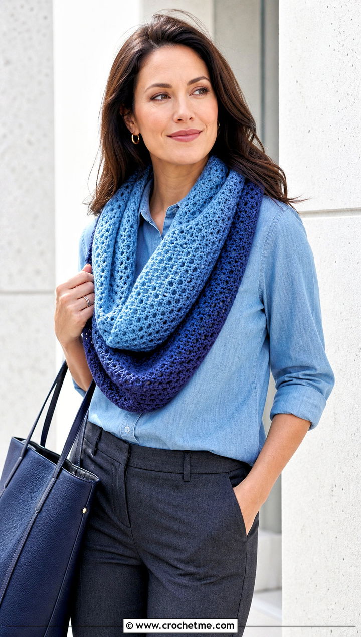Ombre Crocheted Infinity Scarf With Denim Shirt And Trousers - 25 Crocheted Infinity Scarf outfit ideas