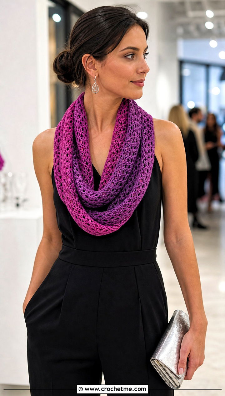 Ombre Crocheted Infinity Scarf With Jumpsuit and Heels - 15 Easy Crocheted Infinity Scarf outfit ideas