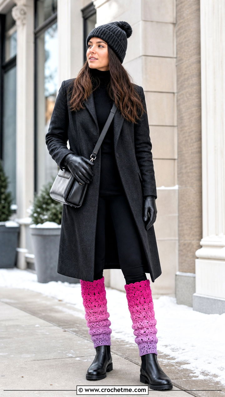 Ombre Crocheted Leg Warmers With Long Coat And Leggings - 35 Crocheted Leg Warmers outfit ideas