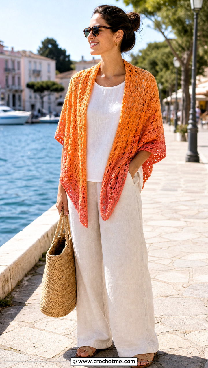 Ombre Crocodile Stitch Shawl With Linen Vacation Outfit - 15 crocodile stitch crochet shawl outfit ideas