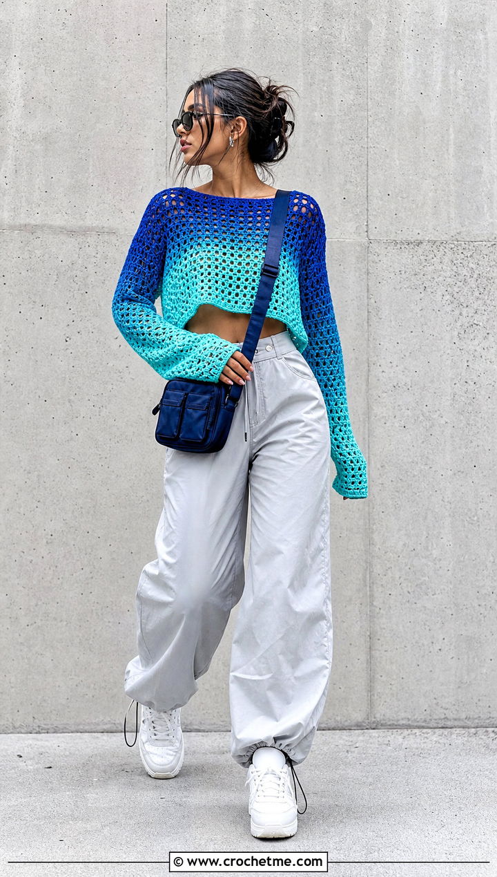 Ombre Cropped Crochet Sweater With Parachute Pants - 35 crop crochet sweater outfit ideas