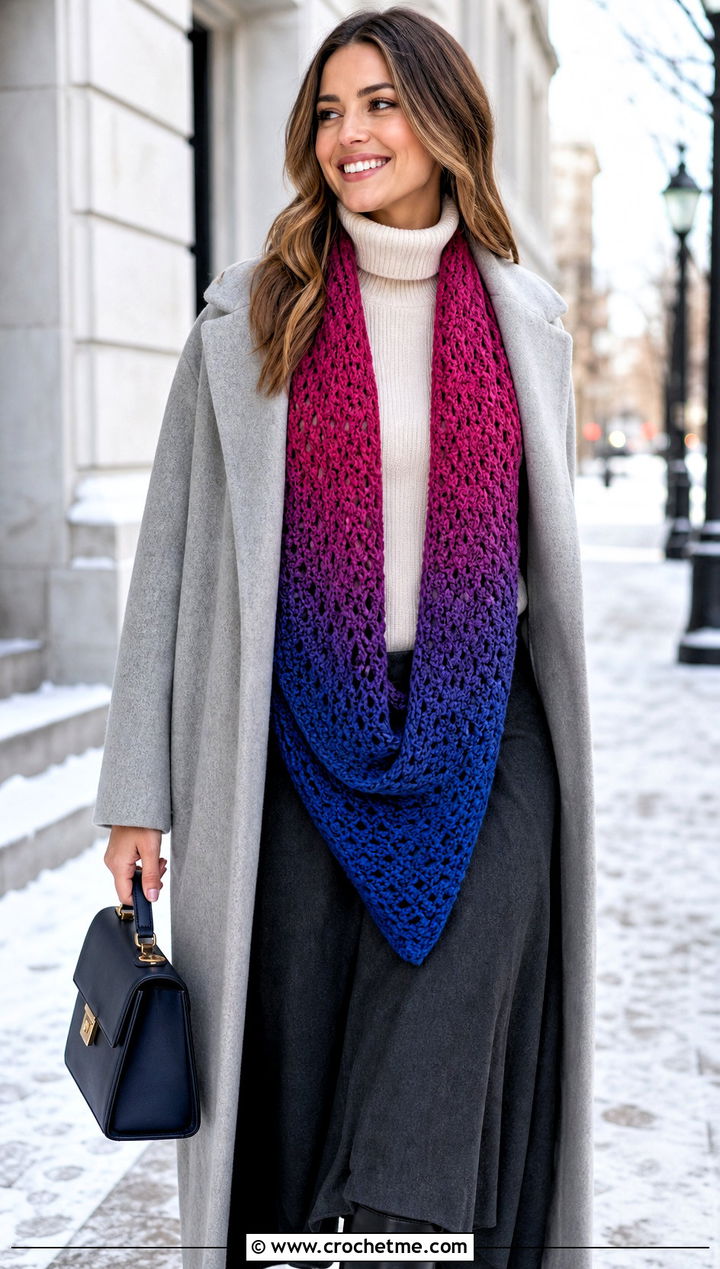 Ombre Crossbody Crochet Cowl With Wool Coat And Maxi Skirt - 15 Crossbody Crochet Cowl outfit ideas