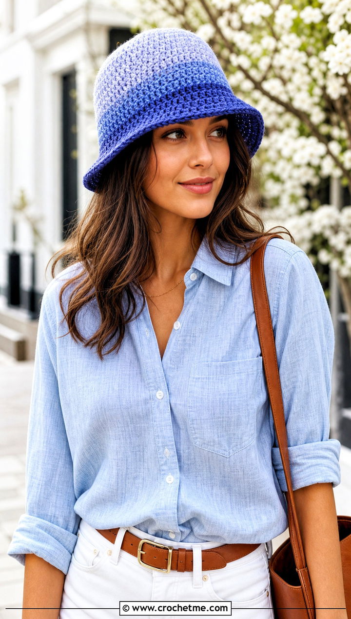 Ombre Double Crochet Bucket Hat With Chambray Shirt And White Jeans - 25 Double Crochet Bucket Hat outfit ideas