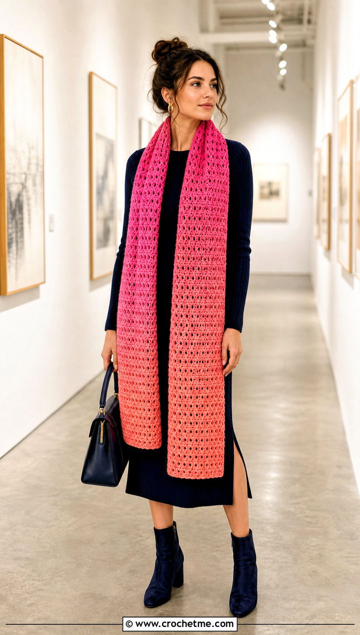 Ombre Double Crochet Scarf With Knit Dress And Block Heel Boots - 35 double crochet scarf outfit ideas