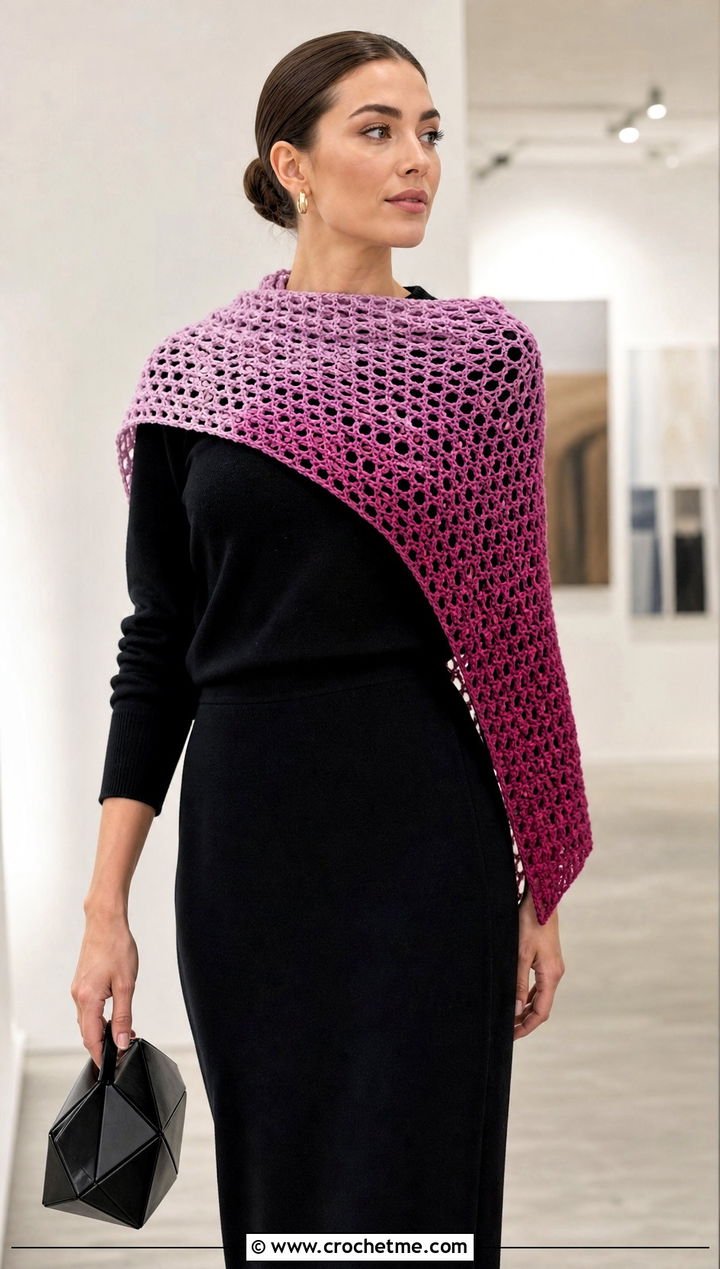 Ombre Double Crochet Shawl With Monochrome Outfit - 20 Double Crochet Shawl outfit ideas