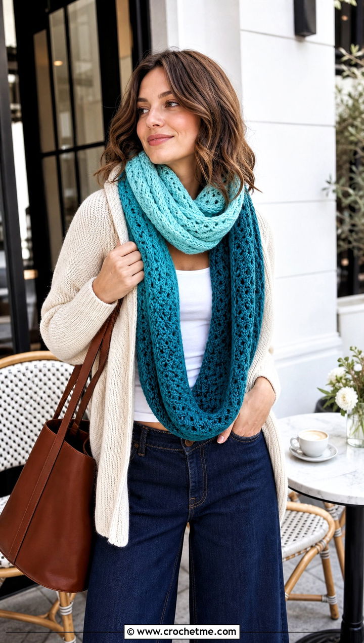 Ombre Double Length Crochet Cowl With Cardigan And Wide Leg Jeans - 15 Double Length Crochet Cowl outfit ideas