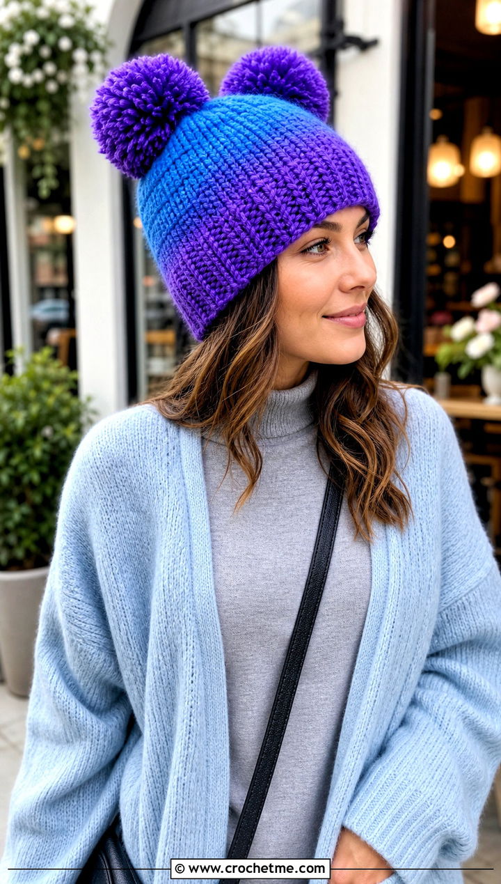 Ombre Double Pom Beanie With Long Cardigan - 20 Crochet Hat With Two Pom Poms outfit ideas