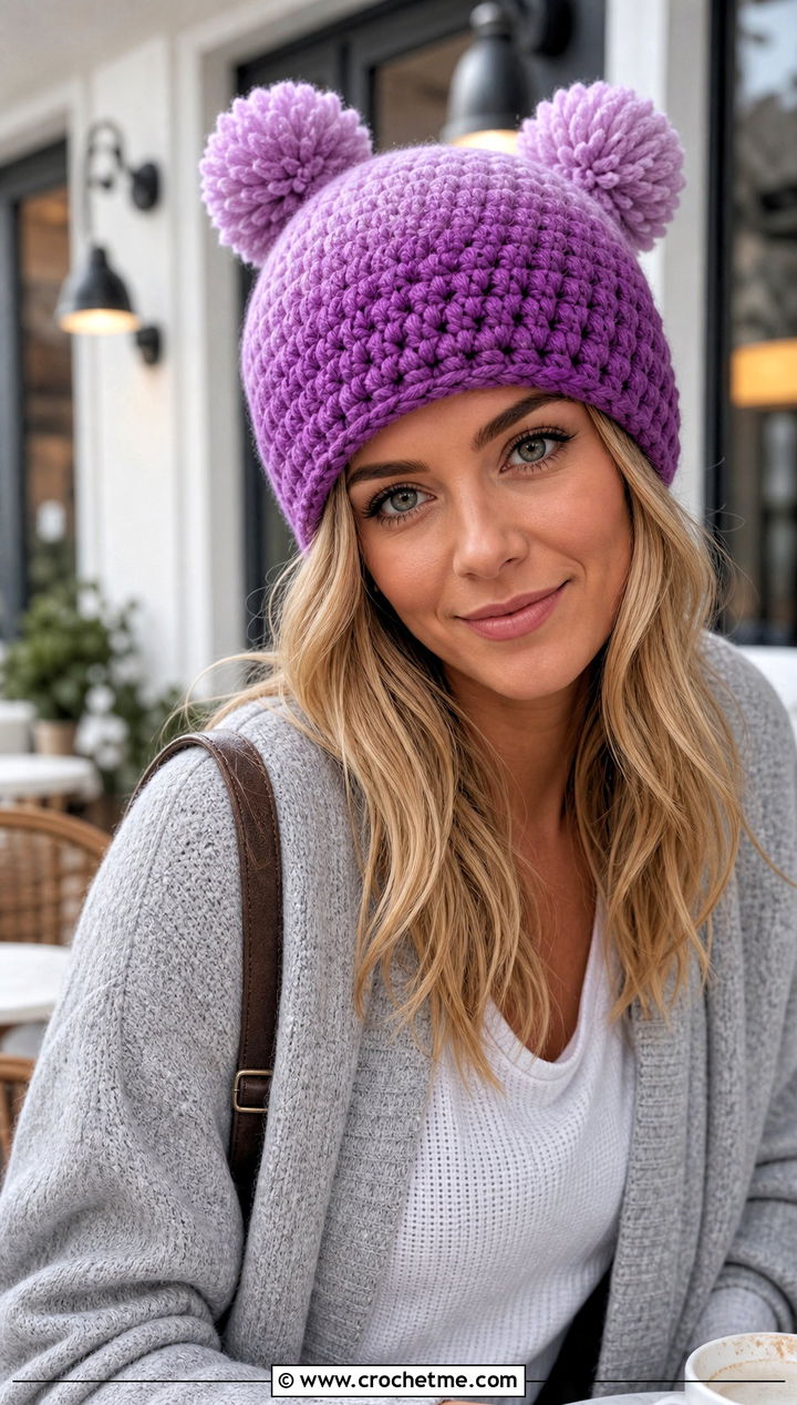 Ombre Double Pom Pom Beanie With Long Cardigan - 25 Crochet Double Pom Pom Hat outfit ideas