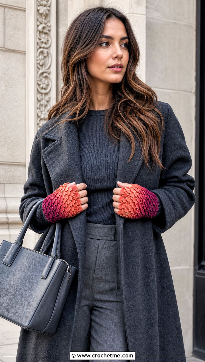 Ombre Dragon Scale Fingerless Gloves With Monochrome Outfit - 30 dragon scale crochet gloves outfit ideas
