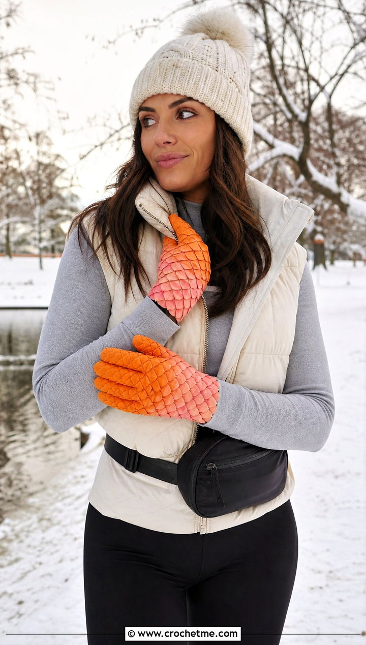 Ombre Dragonscale Gloves With Puffer Vest - 15 Dragonscale Crochet Gloves outfit ideas