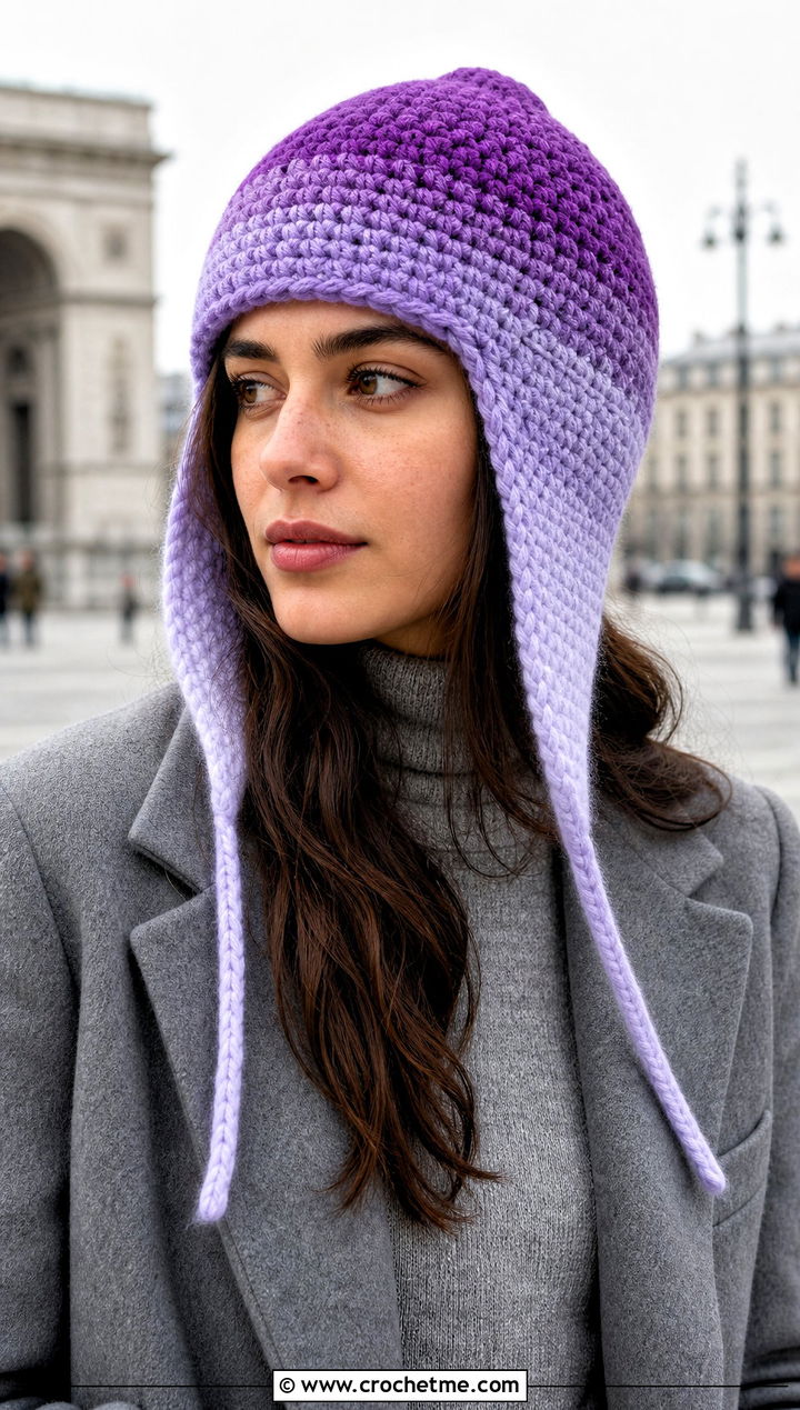 Ombre Earflap Crochet Beanie With Monochrome Outfit - 25 Earflap Crochet Beanie outfit ideas