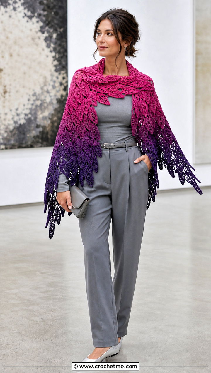 Ombre Feather Crochet Shawl With Monochrome Outfit - 30 crochet feather shawl outfit ideas