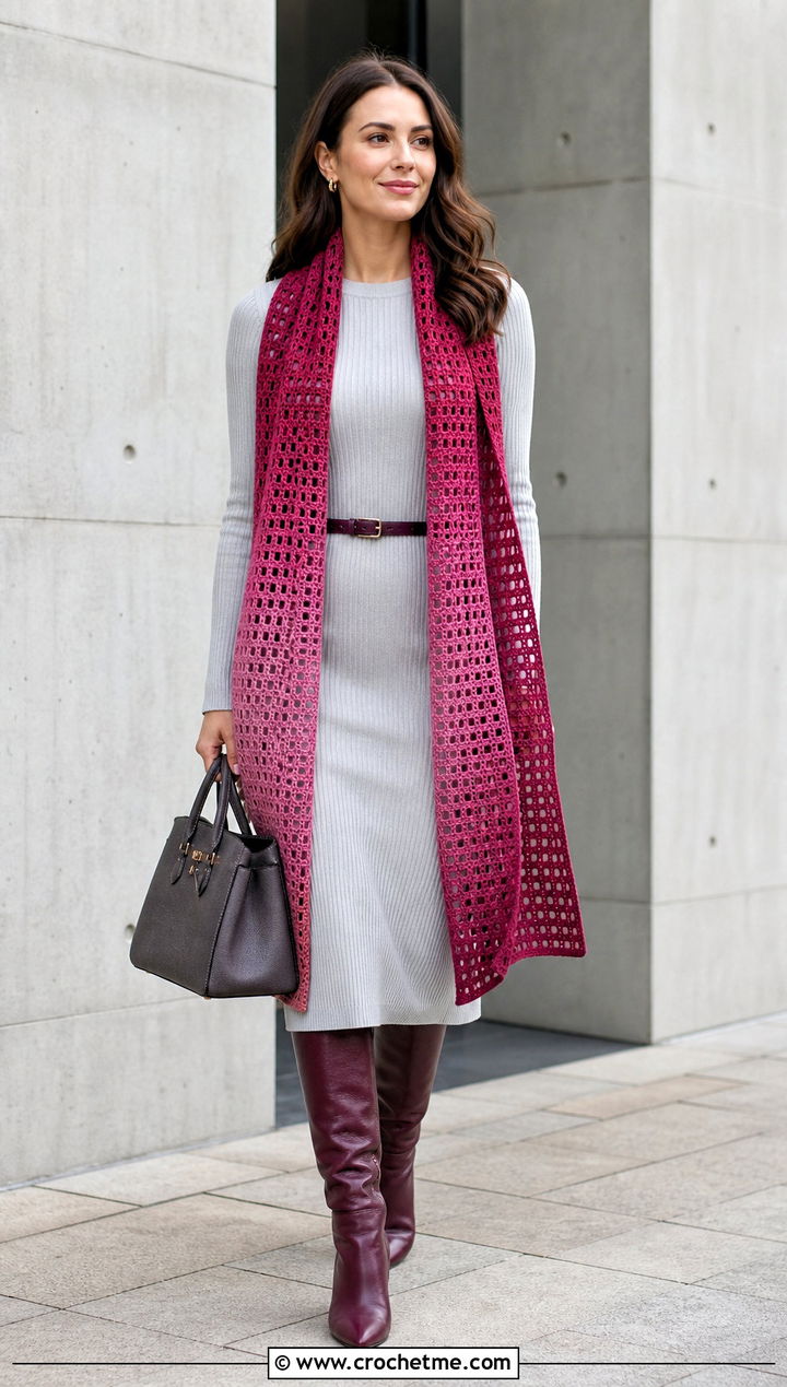 Ombre Filet Crochet Scarf With A Knit Midi Dress - 35 filet crochet scarf outfit ideas